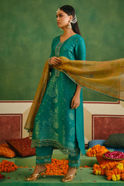 Jacquard Embroidered Designer Straight Cut Salwar Suit In Teal Color